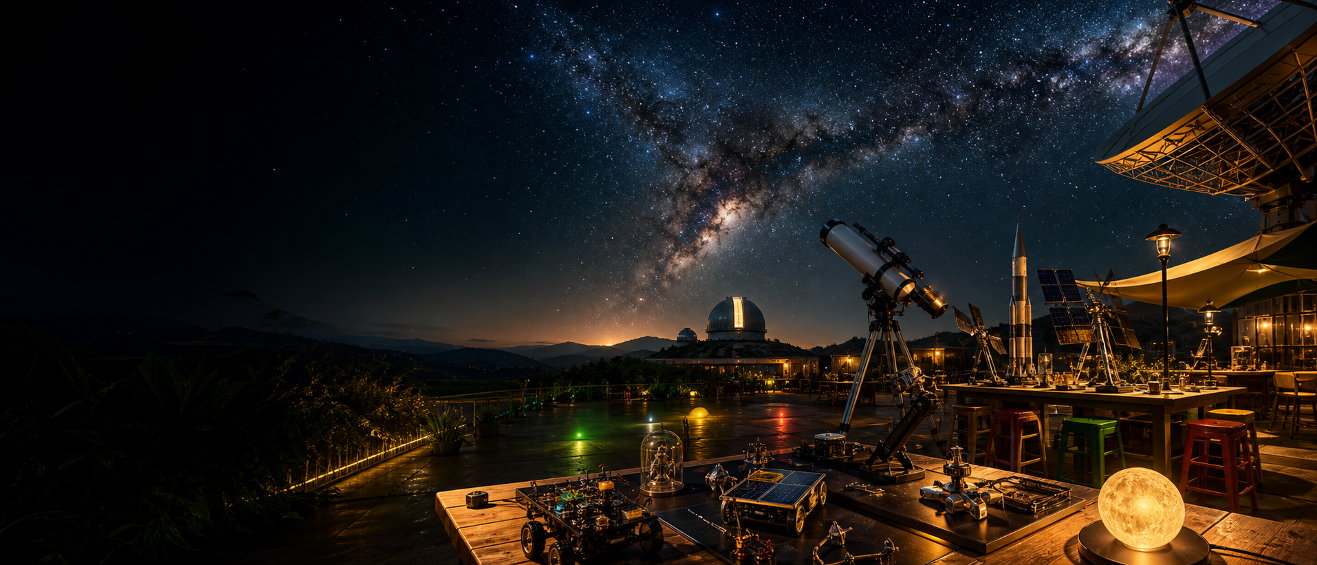 Night-sky STEM activity stations with telescopes, robotics kits, and satellite models