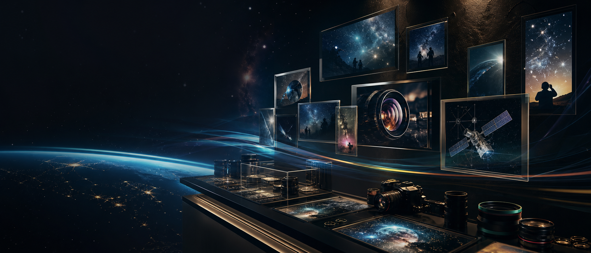 Cinematic space media archive with floating astronomy frames and camera lenses