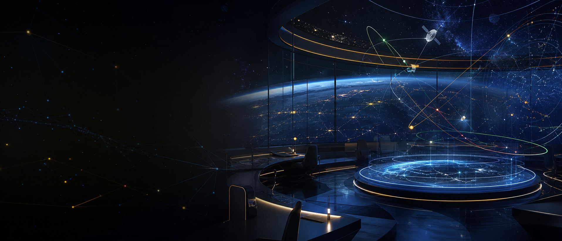 Futuristic mission coordination room with orbital maps and constellation networks